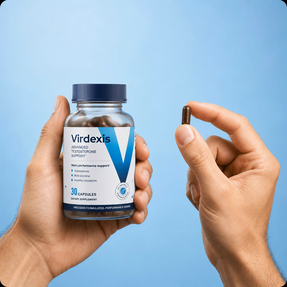 Une main tient le flacon de Virdexis, l'autre présente une gélule prête à être avalée